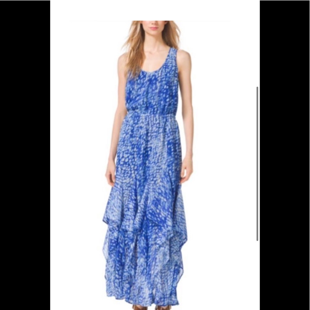 MICHAEL Michael Kors Blue And White Asymmetrical Ruffle Formal Gown Dress XXS